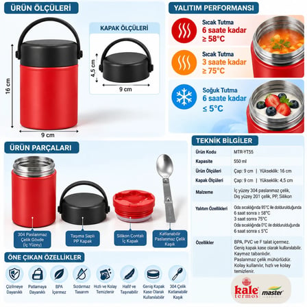 Master 550 ml Çelik Yemek Termosu – 304 Paslanmaz Çelik Termal Yemek Kabı, Katlanabilir Kaşıklı ve Taşıma Kulplu