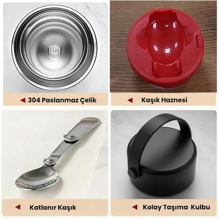 Master 550 ml Çelik Yemek Termosu – 304 Paslanmaz Çelik Termal Yemek Kabı, Katlanabilir Kaşıklı ve Taşıma Kulplu