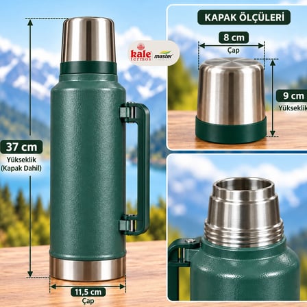 Kale Master 2 L Klasik Çelik Termos -Yeşil ,Kulplu Avcı Termosu, Sıcak Soğuk İçecek Termosu, Seyahat ve Kamp Termosu