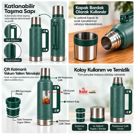 Kale Master 2 L Klasik Çelik Termos -Yeşil ,Kulplu Avcı Termosu, Sıcak Soğuk İçecek Termosu, Seyahat ve Kamp Termosu