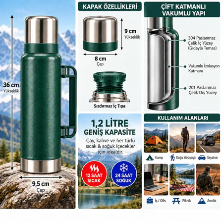 Kale Master 1,2 L Klasik Çelik Termos – Yeşil,Kulplu Avcı Termosu, Sıcak Soğuk İçecek Termosu, Seyahat ve Kamp Termosu