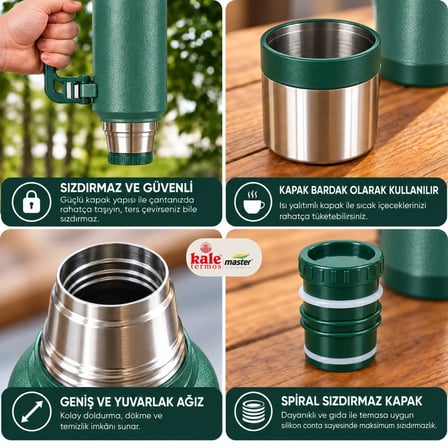Kale Master 1,2 L Klasik Çelik Termos – Yeşil,Kulplu Avcı Termosu, Sıcak Soğuk İçecek Termosu, Seyahat ve Kamp Termosu