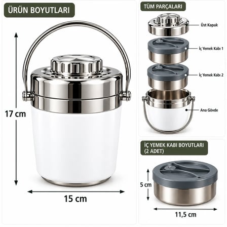 Kale Master 1,2 L Çelik Yemek Termosu –Beyaz, 2 Kaplı Paslanmaz Çelik Sefer Tası, Sıcak Soğuk Yemek Taşıma Termosu