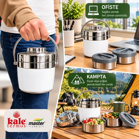 Kale Master 1,2 L Çelik Yemek Termosu –Beyaz, 2 Kaplı Paslanmaz Çelik Sefer Tası, Sıcak Soğuk Yemek Taşıma Termosu