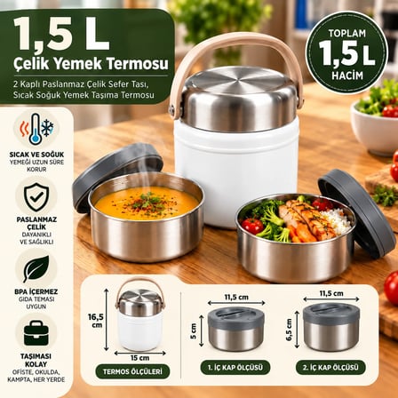 Kale Master 1,5 L Çelik Yemek Termosu –Beyaz, 2 Kaplı Paslanmaz Çelik Sefer Tası, Sıcak Soğuk Yemek Taşıma Termosu