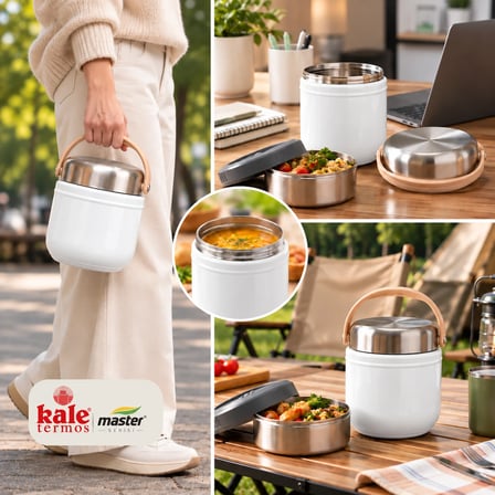 Kale Master 1,5 L Çelik Yemek Termosu –Beyaz, 2 Kaplı Paslanmaz Çelik Sefer Tası, Sıcak Soğuk Yemek Taşıma Termosu