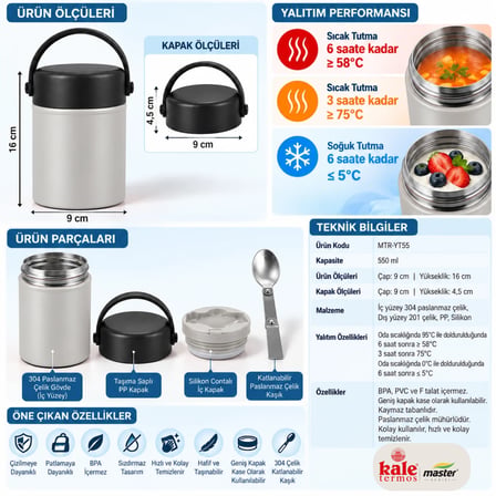 Kale Master 550 ml Çelik Yemek Termosu – 304 Paslanmaz Çelik Termal Yemek Kabı, Katlanabilir Kaşıklı ve Taşıma Kulplu