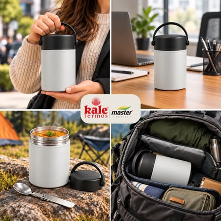 Kale Master 550 ml Çelik Yemek Termosu – 304 Paslanmaz Çelik Termal Yemek Kabı, Katlanabilir Kaşıklı ve Taşıma Kulplu