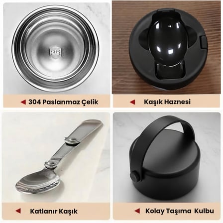Kale Master 550 ml Çelik Yemek Termosu – 304 Paslanmaz Çelik Termal Yemek Kabı, Katlanabilir Kaşıklı ve Taşıma Kulplu