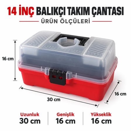 14 İnç Balıkçı Takım Çantası – Bardaklıklı ve Cetvelli Olta Malzemesi Taşıma ve Saklama Kutusu- Kırmızı