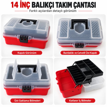 14 İnç Balıkçı Takım Çantası – Bardaklıklı ve Cetvelli Olta Malzemesi Taşıma ve Saklama Kutusu- Kırmızı