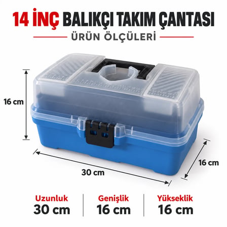 14 İnç Balıkçı Takım Çantası – Bardaklıklı ve Cetvelli Olta Malzemesi Taşıma ve Saklama Kutusu- Mavi