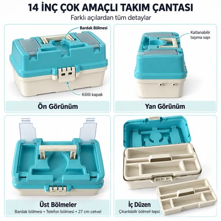 14 İnç Balıkçı ve Çok Amaçlı Takım Çantası – Telefon ve Bardak Bölmeli Hobi ve Alet Saklama Kutusu-turkuaz