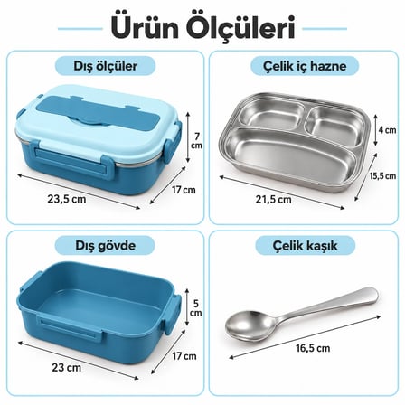 1000ml Paslanmaz Çelik Yemek Termosu – Çelik Kaşıklı Sefer Tası ve Beslenme Kabı-mavi