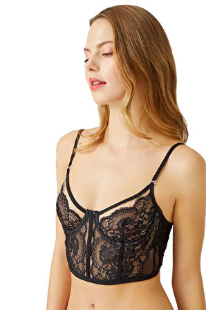 Siyah Ayarlanabilir Lastikli Balenli Transparan Dantelli Bralet