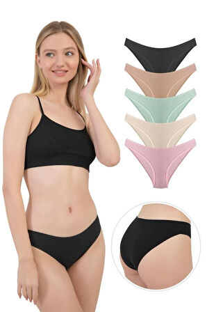 Kadın Pamuklu ve Likralı Fitilli Kaşkorse Bikini Külot 5'li Paket