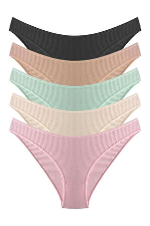 Kadın Pamuklu ve Likralı Fitilli Kaşkorse Bikini Külot 5'li Paket