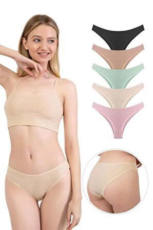 Kadın Pamuklu ve Likralı Fitilli Kaşkorse Brezilya Külot 5'li Paket