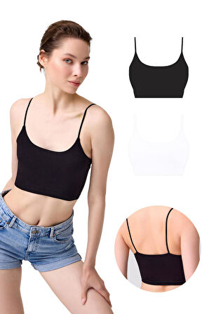 Pamuklu İnce Askılı Kadın Crop Top Büstiyer 2'li Paket