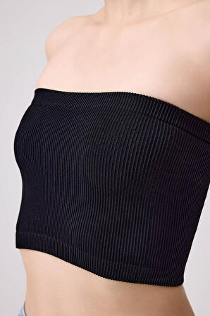 Cottonhill Premium - Kadın Siyah Seamless Straplez Crop Top Büstiyer