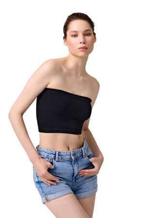 Cottonhill Premium - Kadın Siyah Seamless Straplez Crop Top Büstiyer