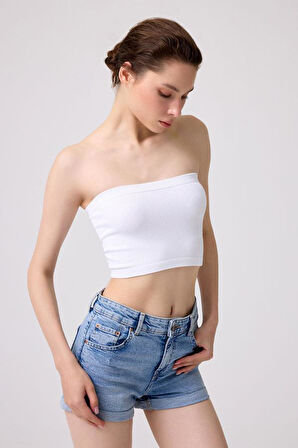 Cottonhill Premium - Kadın Beyaz Seamless Straplez Crop Top Büstiyer