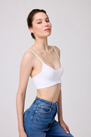 Cottonhill Premium - Kadın Beyaz Seamless İp Askılı Crop Top Büstiyer