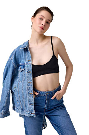 Cottonhill Premium - Kadın Siyah Seamless İp Askılı Crop Top Büstiyer