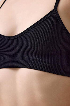 Cottonhill Premium - Kadın Siyah Seamless İp Askılı Crop Top Büstiyer