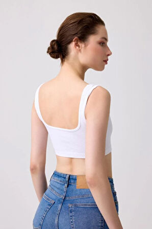 Cottonhill Premium - Kadın Beyaz Seamless Kare Yaka Crop Top Büstiyer