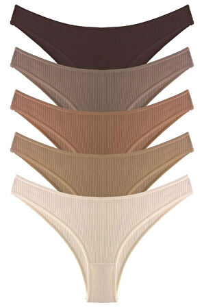 Kadın Pamuklu ve Likralı Fitilli Kaşkorse Brezilya Külot 5'li Paket-2