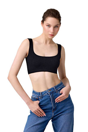 Cottonhill Premium - Kadın Siyah Seamless Kare Yaka Crop Top Büstiyer