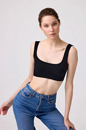 Cottonhill Premium - Kadın Siyah Seamless Kare Yaka Crop Top Büstiyer