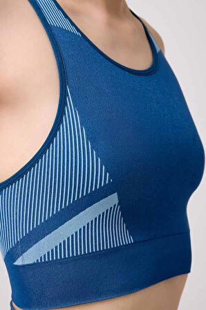 Seamless Mavi Takım Sporcu Yüksek Bel Tayt ve Kalın Askılı Balensiz Crop Top Büstiyer