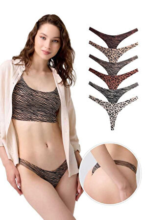 Basic Desenli Lazer Kesim Kadın Tanga Külot 6'lı Paket