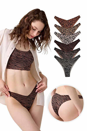Basic Desenli Lazer Kesim Kadın Brezilya Külot 6'lı Paket