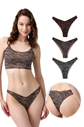 Basic Desenli Lazer Kesim Kadın Brezilya Külot 3'lü Paket-1
