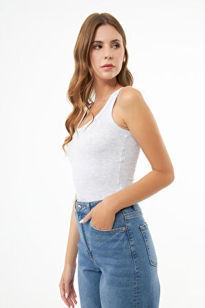 Gri Pamuklu Kalın Askılı Fitilli Kadın Atlet