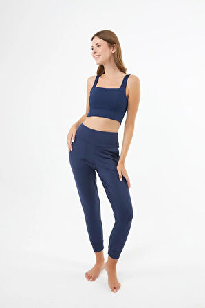 Lacivert Kare Yaka Crop Top Büstiyer