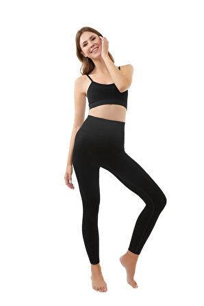 Siyah Yüksek Bel Toparlayıcı Seamless Kadın Spor Tayt