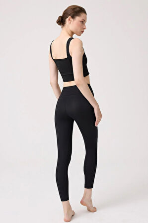 Siyah Şardonlu Yüksek Bel Kadın Spor Tayt