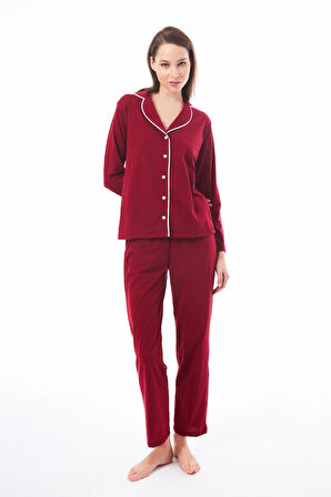 Bordo Önden Düğmeli Pamuklu Kadın Pijama Takımı
