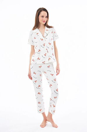 Premium Kadın Pijama Takımı Ayıcık Desenli Yumuşak Dokulu Kısa Kollu Gömlek Yaka