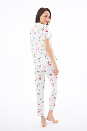 Premium Kadın Pijama Takımı Ayıcık Desenli Yumuşak Dokulu Kısa Kollu Gömlek Yaka