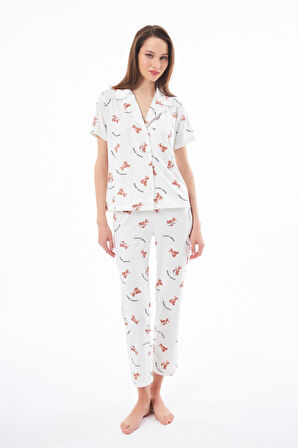 Premium Kadın Pijama Takımı Ayıcık Desenli Yumuşak Dokulu Kısa Kollu Gömlek Yaka