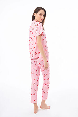 Premium Kadın Pijama Takımı Kiraz Desenli Yumuşak Dokulu Kısa Kollu Gömlek Yaka