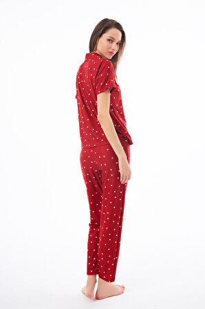 Premium Kadın Pijama Takımı Kırmızı Kalp Desenli Yumuşak Dokulu Kısa Kollu Gömlek Yaka