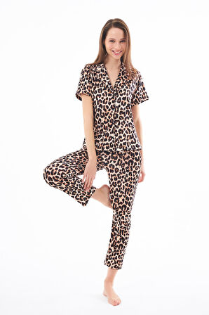 Premium Kadın Pijama Takımı Leopar Desenli Yumuşak Dokulu Kısa Kollu Gömlek Yaka