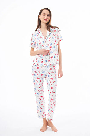 Premium Kadın Pijama Takımı Meyve Desenli Yumuşak Dokulu Kısa Kollu Gömlek Yaka