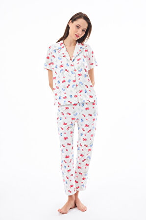 Premium Kadın Pijama Takımı Meyve Desenli Yumuşak Dokulu Kısa Kollu Gömlek Yaka
